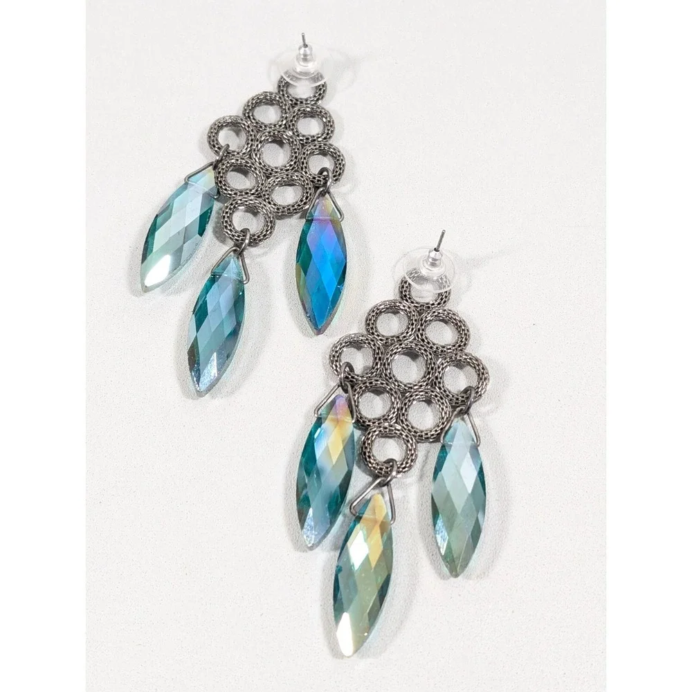 Gunmetal Mesh Chain Chandelier Earrings Green AB Crystal‎ Dangle